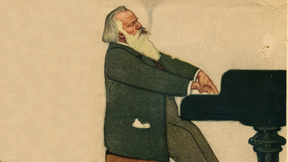 Dessin en couleurs représentant Brahms jouant sur un piano à queue